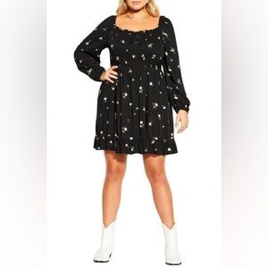 City Chic Darling Ditsy Black Floral Print Smocked Long Sleeve Dress Size 18